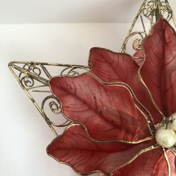 Kurt Adler Red Capiz Poinsettia Christmas Tree Topper 5 Point Gold Wire Star - Picture 8 of 16